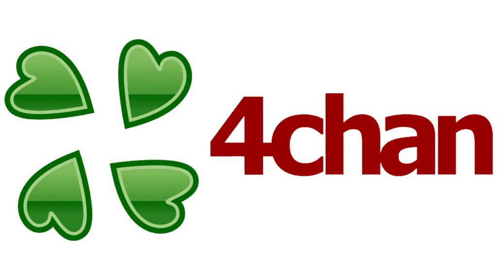 Logo of 4chan featuring four green hearts and the text '4chan' in red.