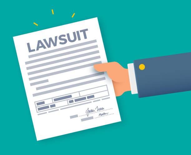 Illustration of a hand holding a lawsuit document with the word 'LAWSUIT' prominently displayed.