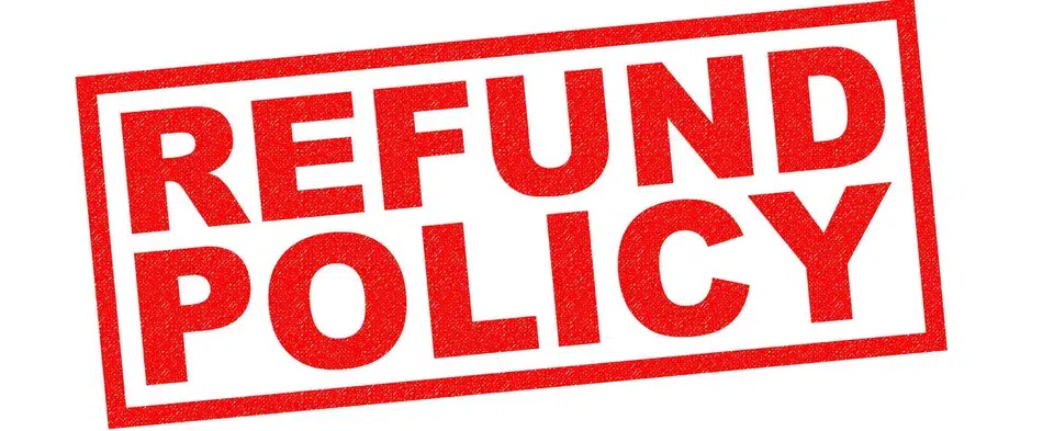 Red stamp with the words 'REFUND POLICY' in bold letters on a white background.