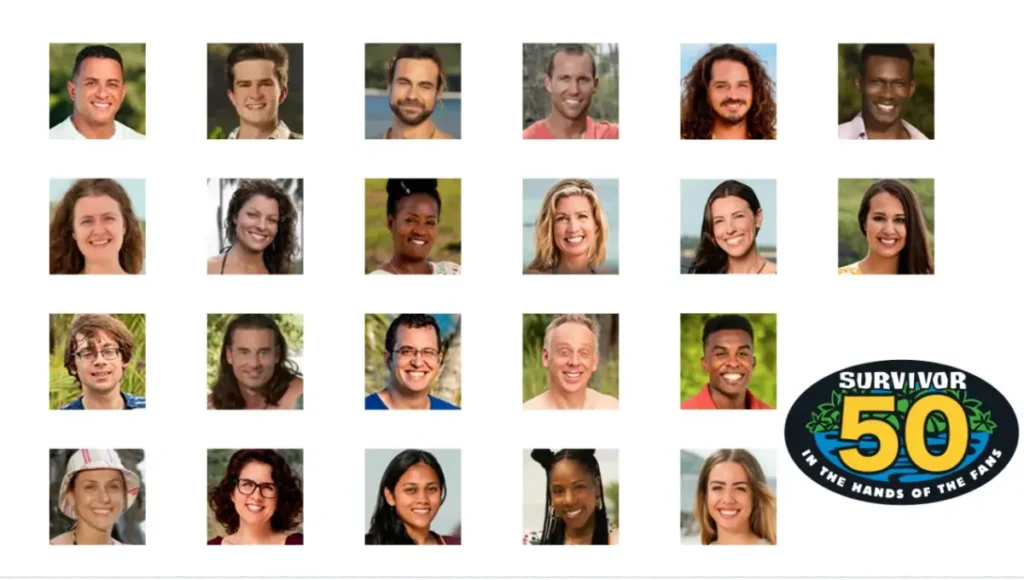 Grid of cast portraits for Survivor 50 featuring diverse individuals with various hairstyles and expressions.