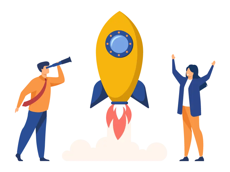 Illustration depicting a yellow rocket launching with two individuals celebrating nearby.