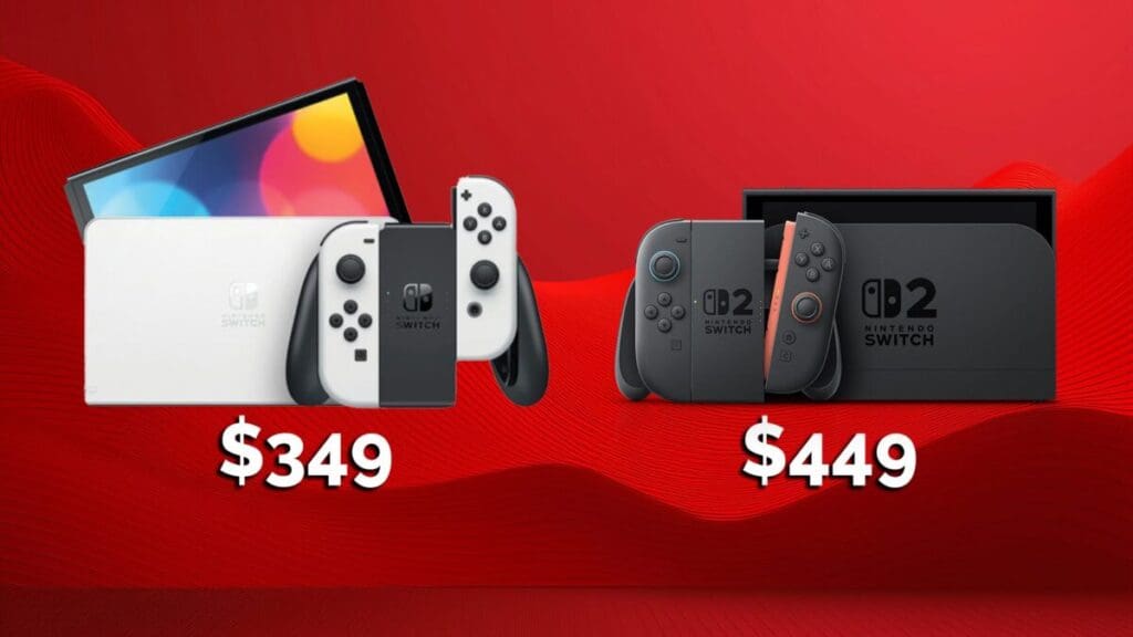 Nintendo Switch console pricing display with two models and their respective prices on a red background.