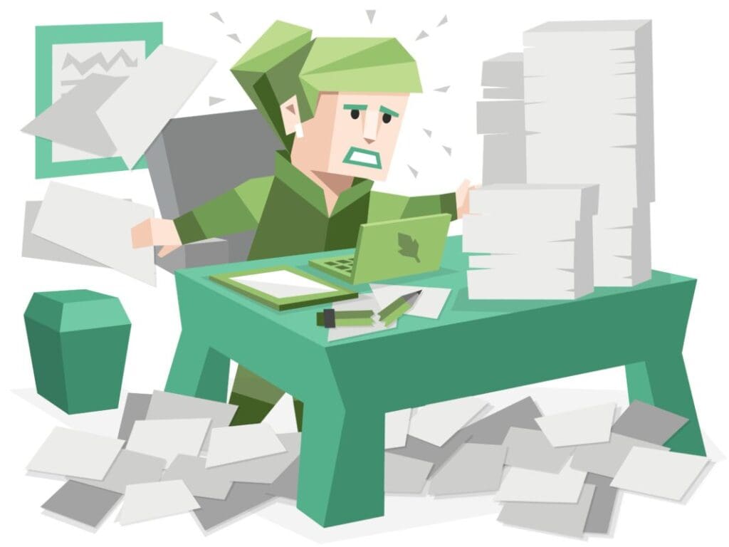 Cartoon character with green hair at a desk surrounded by scattered papers and a computer.
