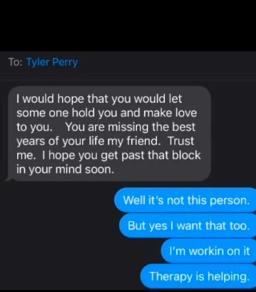 Screenshot of a text message conversation between two individuals discussing personal feelings and therapy.