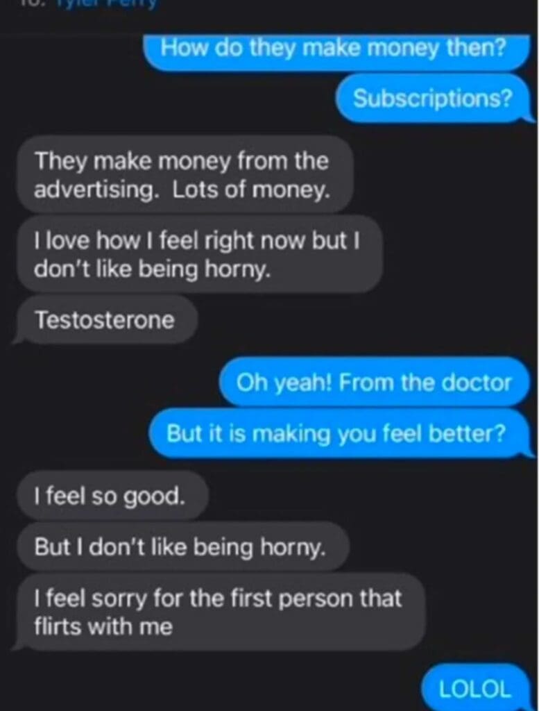 Screenshot of a text conversation discussing money from subscriptions and personal feelings about being horny.