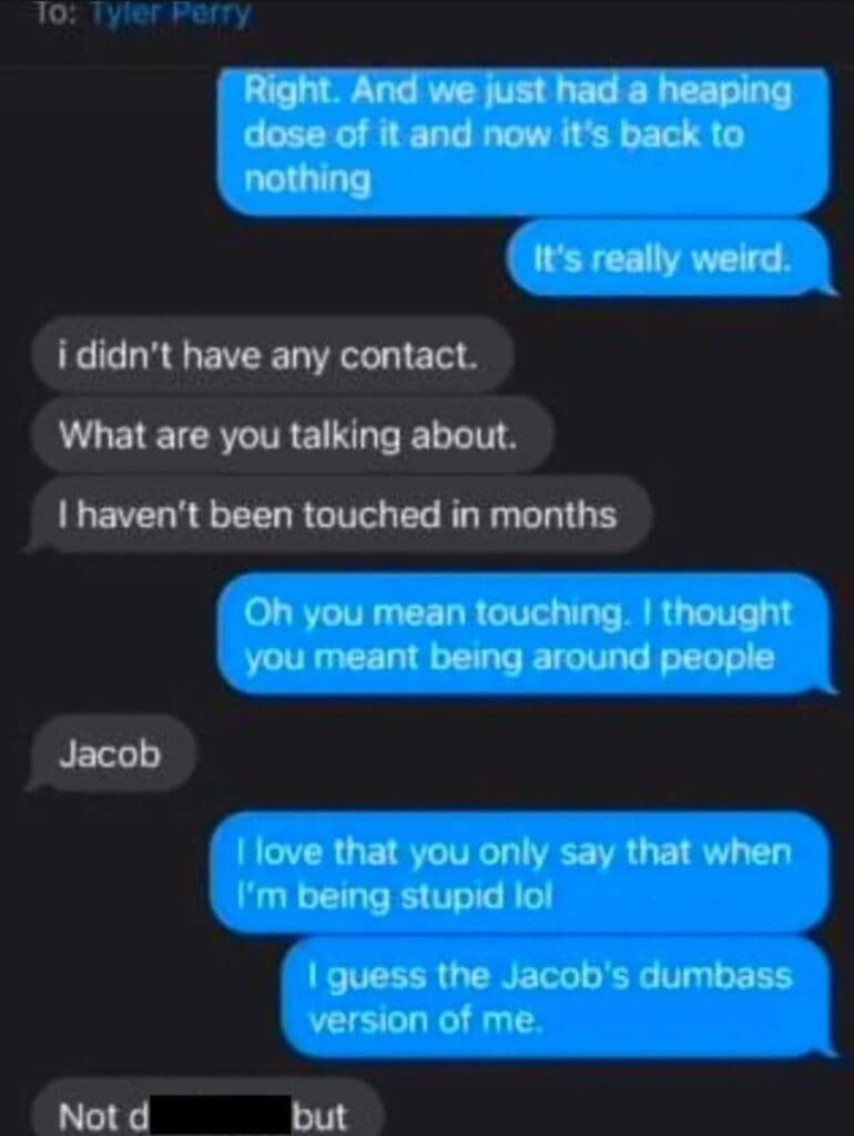 Screenshot of a text conversation between two individuals discussing personal feelings and social interactions.