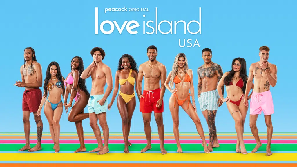 Cast members of Love Island USA Season 7 posing in swimwear against a blue background.
