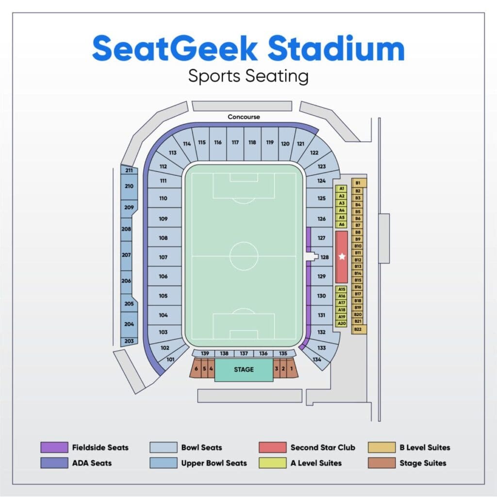 Seating map of SeatGeek Stadium showing various seating sections and their labels.