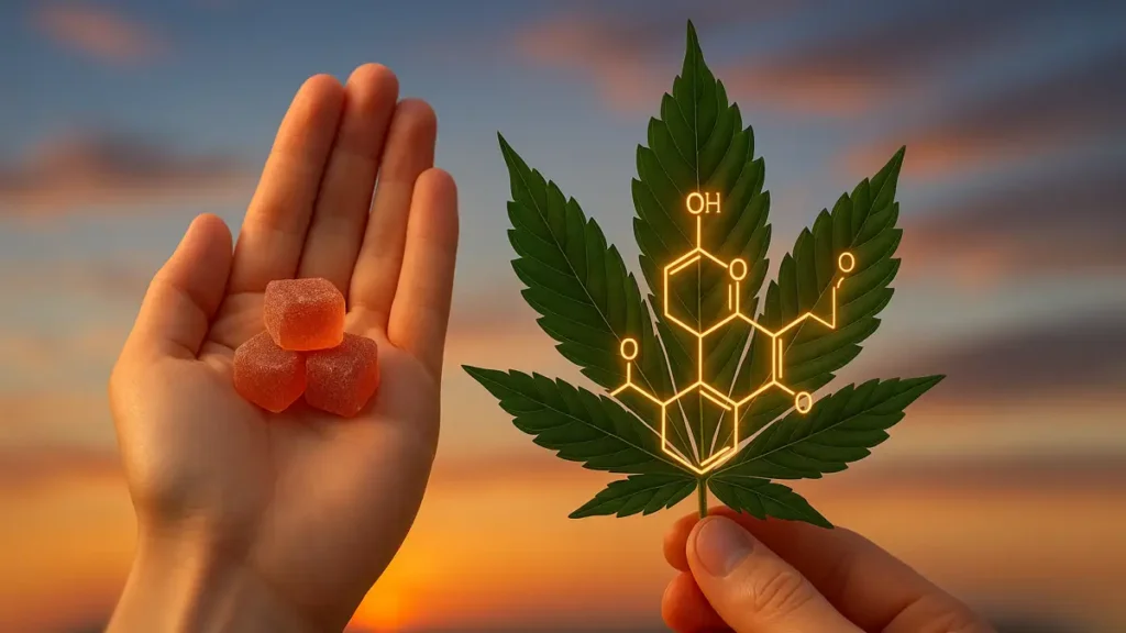 A hand holding a cannabis leaf with molecular structure illustration and another hand holding gummy candies.