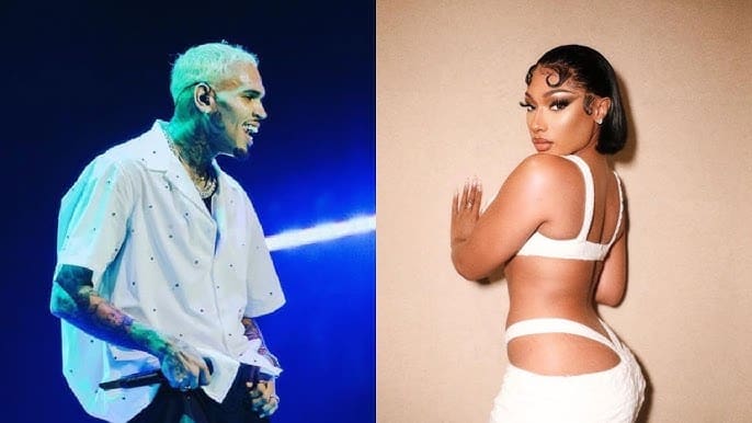 Megan Thee Stallion posing in a white outfit against a neutral background.