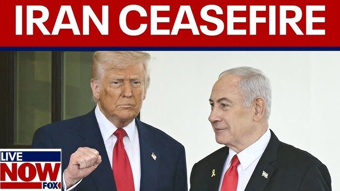 Donald Trump and Benjamin Netanyahu standing together during an announcement about Iran ceasefire.