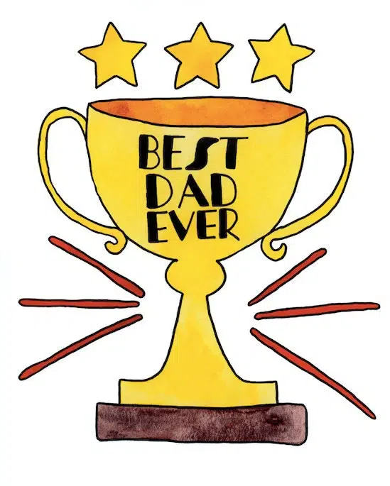 Gold trophy with three stars and the inscription 'Best Dad Ever' in black letters.
