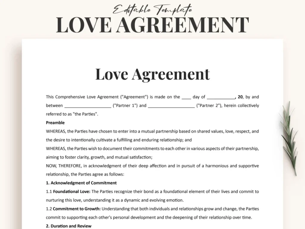 A document titled 'Love Agreement' with sections outlining commitment and relationship terms.
