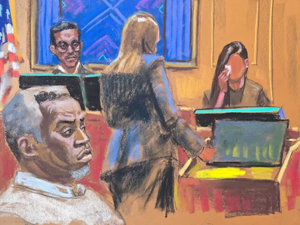 Courtroom sketch depicting a judge, attorney, and two individuals during a trial.