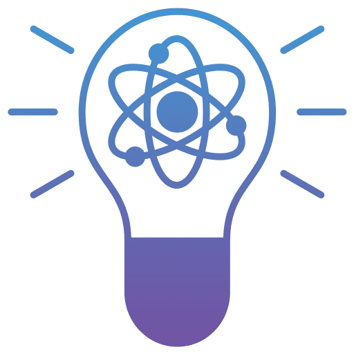 Graphic of a light bulb featuring an atom symbol inside, designed with a gradient color scheme.