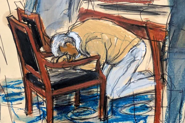 A sketch depicting a person with gray hair leaning over a chair in a distressed position.