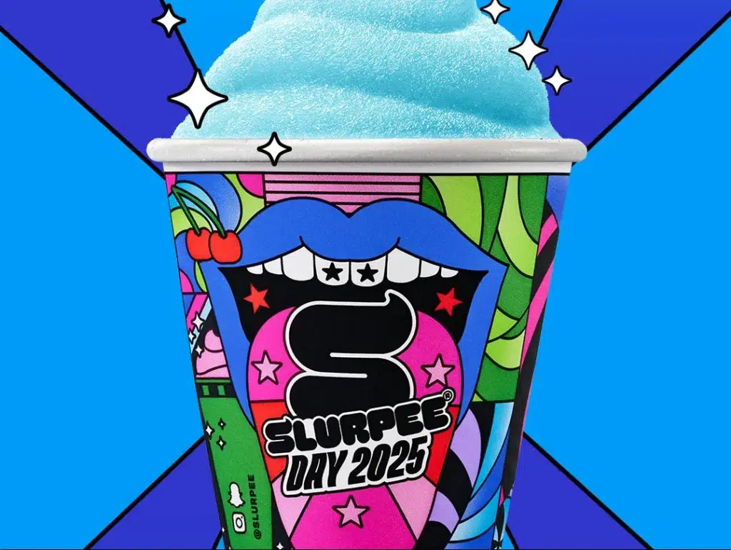 Colorful Slurpee cup design for Slurpee Day 2025 featuring a graphic mouth and vibrant patterns.