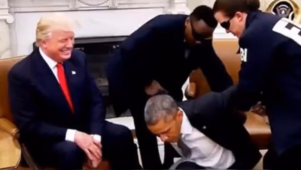 Donald Trump smiling while Barack Obama is being assisted by two security personnel in a meeting.
