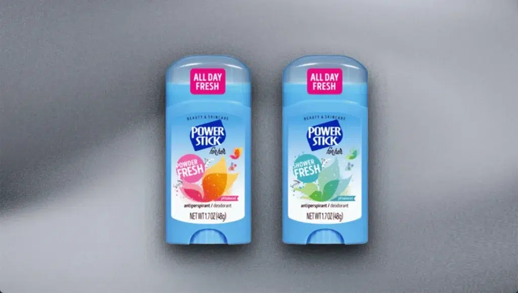 Two Power Stick antiperspirant deodorant sticks in blue packaging with different scents.