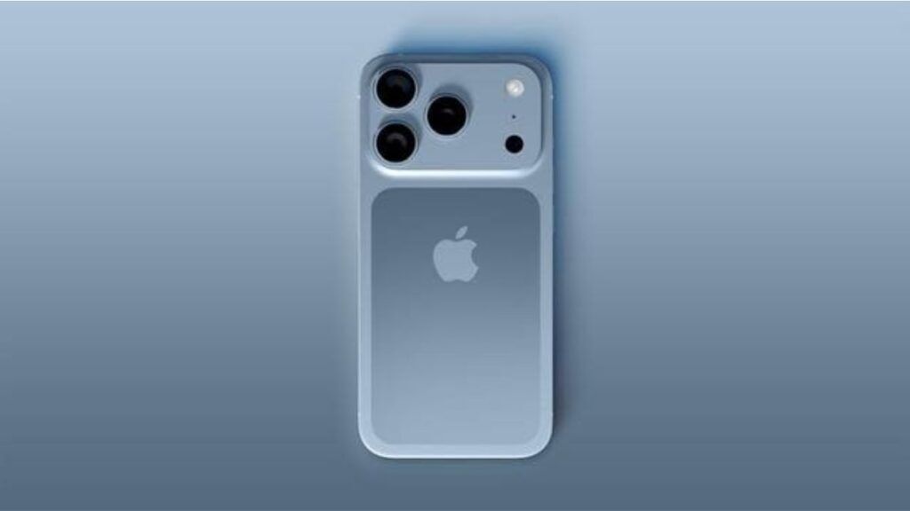 Light blue Apple smartphone with three rear cameras and a sleek design.