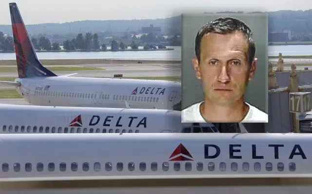 Two Delta Airlines aircraft parked at an airport with a pilot's image in the foreground.