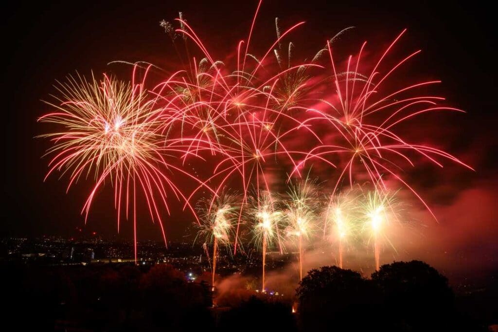 Colorful fireworks bursting in the night sky with various patterns and colors.