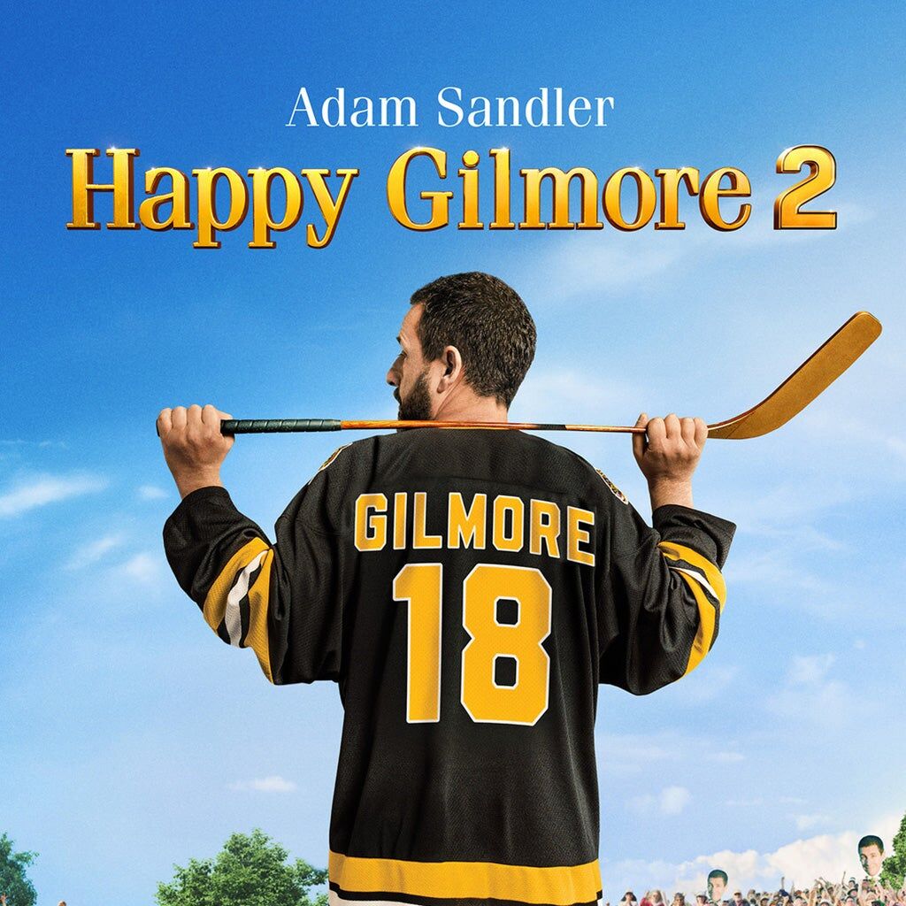 Movie poster for Happy Gilmore 2 featuring Adam Sandler holding a hockey stick.