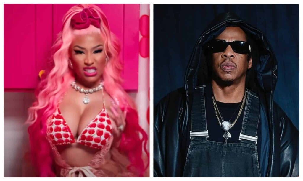 Nicki Minaj with pink hair and Jay-Z wearing sunglasses and a hooded jacket.