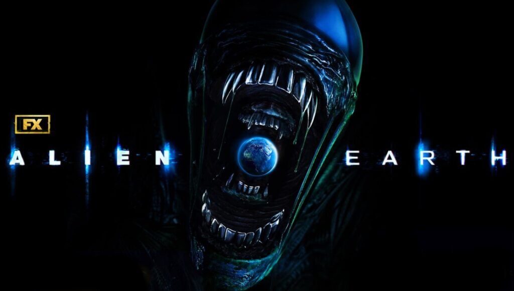 Artwork featuring a Xenomorph with an Earth globe in its mouth, part of the Alien Earth series by FX.