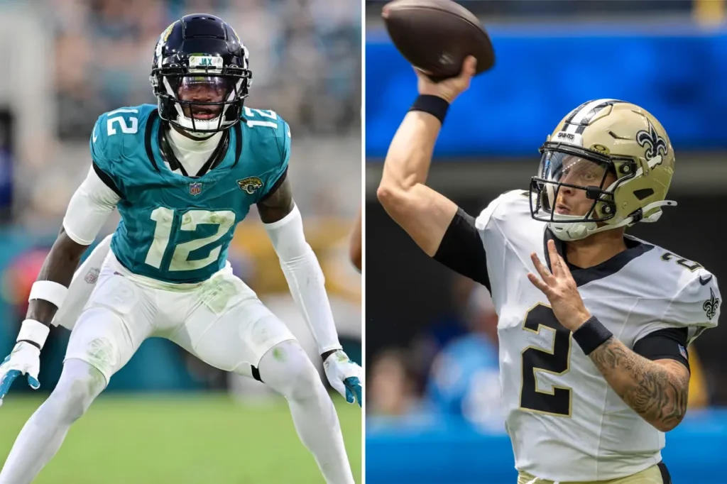 Football players from the Jaguars and Saints preparing for a play during a game.