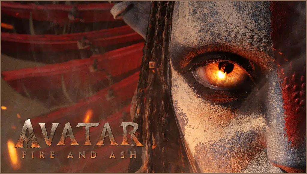 Close-up of a character's face from Avatar: Fire and Ash with an intense gaze and detailed features.