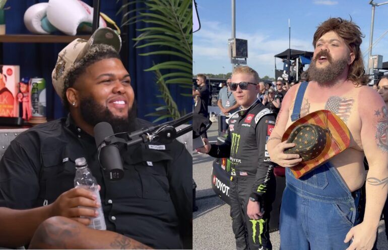 Druski with split personalities, one with a beard and hat, the other holding a water bottle, are engaged in conversation.