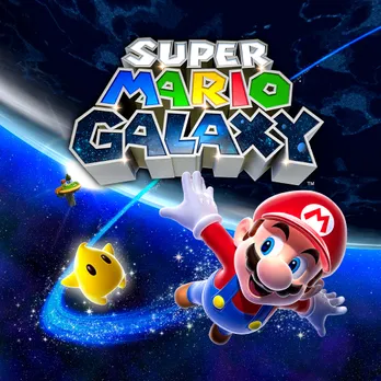 Game cover for Super Mario Galaxy featuring Mario and a Luma character in space.