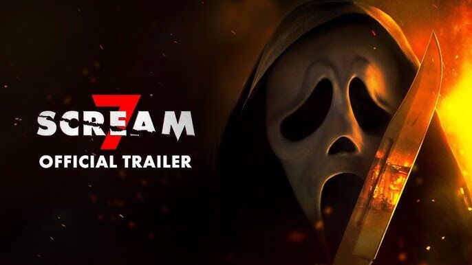 Promotional image for the Scream 7 official trailer featuring a masked figure holding a knife.